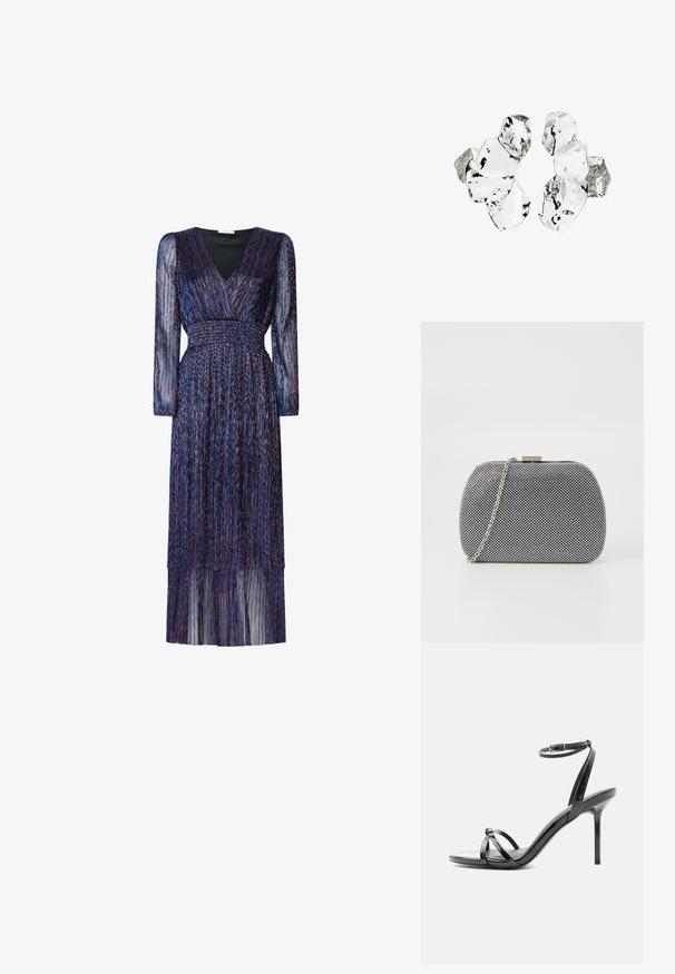 Lang, lilla kjole med lange, gennemsigtige ærmer og V-hals. Har en smocket talje og tierede frynse-detaljer. Stoffet har en lysende tekstur.; Sort laklæder høje hæle sandal med tynde remme, der krydser tæerne, og en ankel spænde rem på en hvid baggrund.; Sorte og hvide teksturerede clutch-taske med rund form, sølvfarvet kædetrækt, og en metalspænde på toppen.; Klynge af seks uregelmæssigt formede, gennemsigtige og reflekterende glaslignende stykker arrangeret på en hvid baggrund.