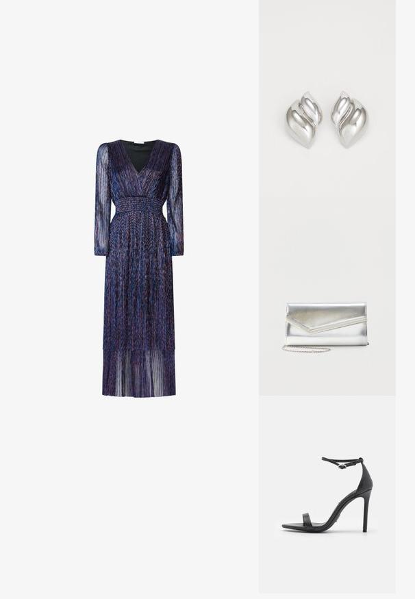 Langes, lila Kleid mit langen, durchsichtigen Ärmeln und einem V-Ausschnitt. Verfügt über eine smocked Taille und gestufte Fransen-Details. Der Stoff hat eine schimmernde Textur.; Schwarze High Heels Sandalen mit offener Zehe, dünnen Riemen und Knöchelverschluss. Glatte Ledertextur mit spitzem Zehendesign.; Glänzende silberne Clutch mit Umschlagklappe und dekorativem Besatz, kleiner silberner Kettenriemen, auf einfachem hellem Hintergrund.; Silberne Ohrringe mit einer organischen, abstrakten Form. Glatte, glänzende Oberfläche mit einem konischen Design. Mit dezenten Kurven und einem zentralen Linienelement.