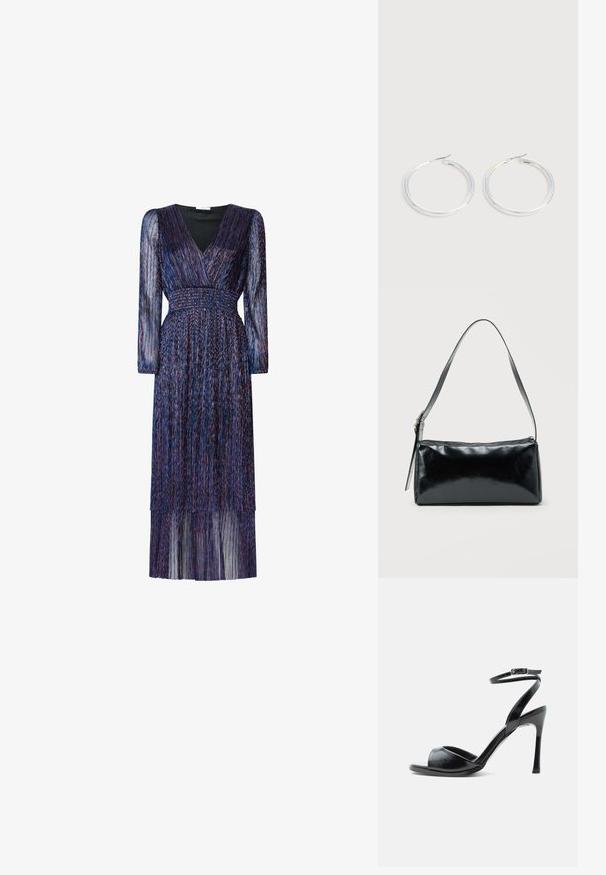 Langes, lila Kleid mit langen, durchsichtigen Ärmeln und einem V-Ausschnitt. Verfügt über eine smocked Taille und gestufte Fransen-Details. Der Stoff hat eine schimmernde Textur.; Schwarze Sandalette mit hohem Absatz, offenem Zehenbereich, schlankem Stiletto-Absatz und Knöchelriemen mit Schnalle vor weißem Hintergrund.; Schwarze rechteckige Schultertasche mit einem verstellbaren Riemen und einem oberen Reißverschluss vor einfachem Hintergrund.; Paar glänzende silberne Creolen mit dünnen Drahtverschlüssen, dargestellt vor einem hellgrauen Hintergrund.