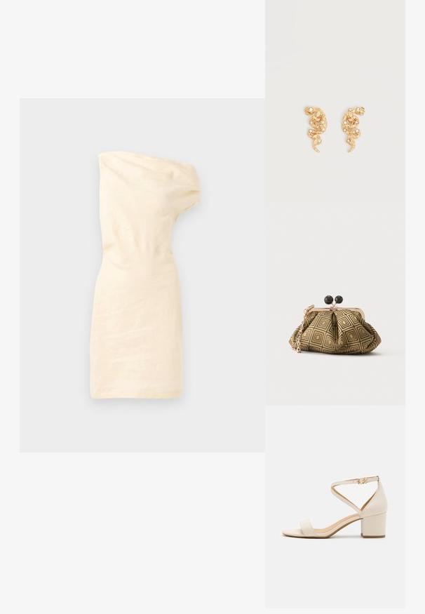 Crèmekleurige jurk met één schouder, een aansluitend ontwerp, een gerimpelde textuur en een asymmetrische halslijn. Glad materiaal zonder zichtbare patronen of accenten.; Beige blokhak sandalen met een minimalistisch ontwerp, open neus en verstelbare enkelriem met een gouden gesp detail. Zachte textuur.; Kleine clutch tas met goud-zwart geometrisch patroon, goudkleurig metalen frame, zwarte bolsluiting en een korte gouden kettingband.; Oorringen in goudkleurige slangvorm, versierd met kleine heldere kristallen op een eenvoudige lichte achtergrond.