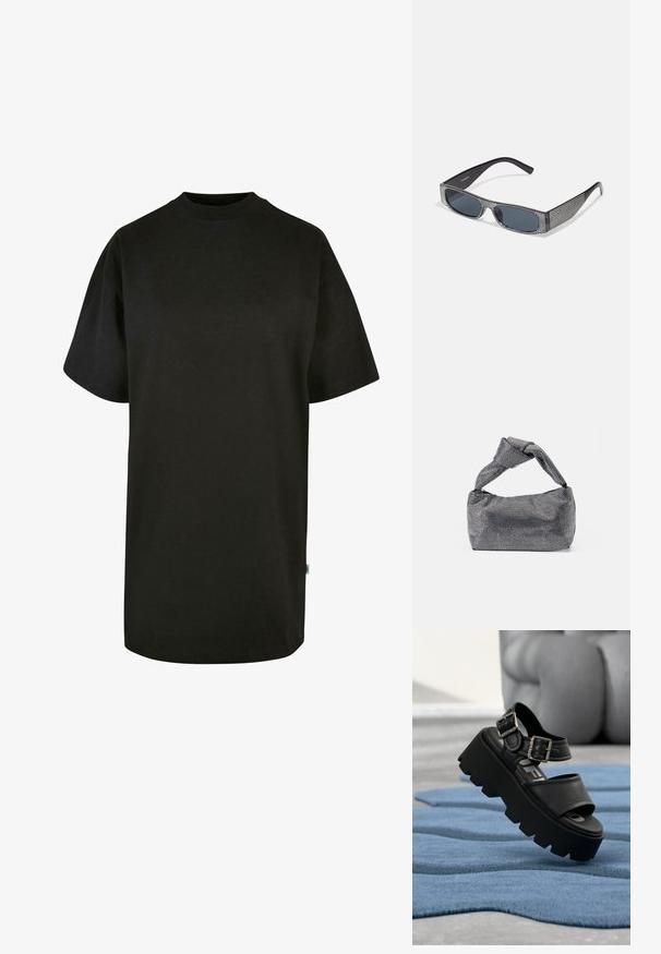 Sort bomulds T-shirt med rund halsudskæring og korte ærmer. Løs pasform, ensfarvet design og ingen synlige mønstre eller accenter.; Sort chunky platformsandal med to sølvspænder på blåt tekstureret tæppe, sløret grå skulptur i baggrunden.; Sorte solbriller med grå linser, der har et gittermønster af små metalliske rhinsten langs stellet. Glat overflade, kantede design.; Sorte og sølv håndtaske med en tekstureret overflade, der har et diamantmønster, en knyttet håndtag og en struktureret form.