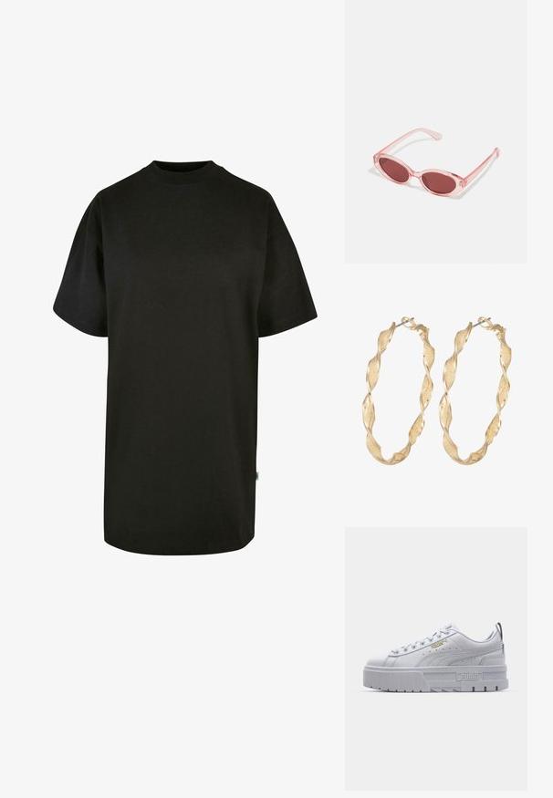Sort bomulds T-shirt med rund halsudskæring og korte ærmer. Løs pasform, ensfarvet design og ingen synlige mønstre eller accenter.; Hvide platform sneakers med en glat læderoverdel, polstret krave, grå gummisål og gyldne detaljer med Puma-logoet.; Lyserøde transparente solbriller med ovale linser, mørkerød toning og slanke stænger, der har en glat overflade og diskret detaljering på rammen.; Guldtonede snoede hoop øreringe med en tekstureret overflade og en sikker lås. Designet har svungne mønstre, der skaber dybde.
