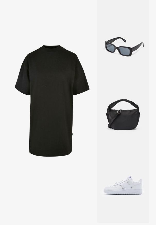 Sort bomulds T-shirt med rund halsudskæring og korte ærmer. Løs pasform, ensfarvet design og ingen synlige mønstre eller accenter.; Nike Sportswear AIR FORCE 1 - Sneakers - white/hyper royal/black; Sorte rektangulære solbriller med mørkt tonede linser, tyk plastramme og brede stænger. Glat overflade og kantet design.; Sort stof skuldertaske med et snoet håndtag, en aftagelig rem og en lynlåslukning i toppen. Glat tekstur og minimalistisk design.