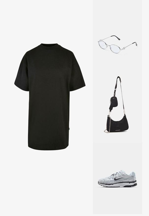 Sort bomulds T-shirt med rund halsudskæring og korte ærmer. Løs pasform, ensfarvet design og ingen synlige mønstre eller accenter.; Nike P-6000 sneakers med en lys grå mesh overdel, sorte accenter og en holdbar sort gummisål. Har et detaljeret design og snøresystem.; Sølvmetal ovale briller med klare linser, prydet med dekorative sideaccenter og sorte spidser på stængerne for bedre greb og komfort.; Sort nylon skuldertaske med en buet form, sølvfarvet kædeaccent, aftagelig mini-pung og justerbar rem; prydet med "Steve Madden" logo.