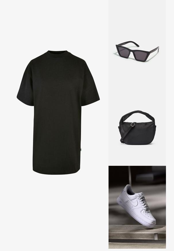 Sort bomulds T-shirt med rund halsudskæring og korte ærmer. Løs pasform, ensfarvet design og ingen synlige mønstre eller accenter.; Hvid Nike Air Force 1 sneaker svævende over en betonoverflade med skygger i et minimalistisk miljø.; Sorte, kantede solbriller med grå linser; lavet af plast, med tykke stænger med en glat overflade og ingen synlig hardware.; Sort stof skuldertaske med et snoet håndtag, en aftagelig rem og en lynlåslukning i toppen. Glat tekstur og minimalistisk design.