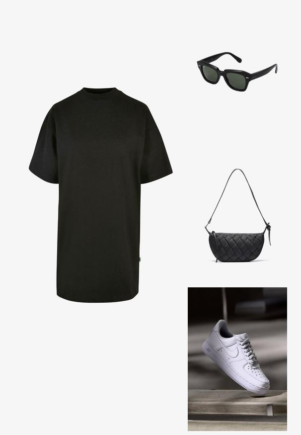 Sort bomulds T-shirt med rund halsudskæring og korte ærmer. Løs pasform, ensfarvet design og ingen synlige mønstre eller accenter.; Hvid Nike Air Force 1 sneaker svævende over en betonoverflade med skygger i et minimalistisk miljø.; Sorte firkantede solbriller med mørkegrønne linser, der har kraftige stel og sølvdetaljer på siderne. Fremstillet i Italien.; Sort kviltet håndtaske med en buet form, der har en slank skulderrem og en lynlås. Lavet af blødt, tekstureret materiale.
