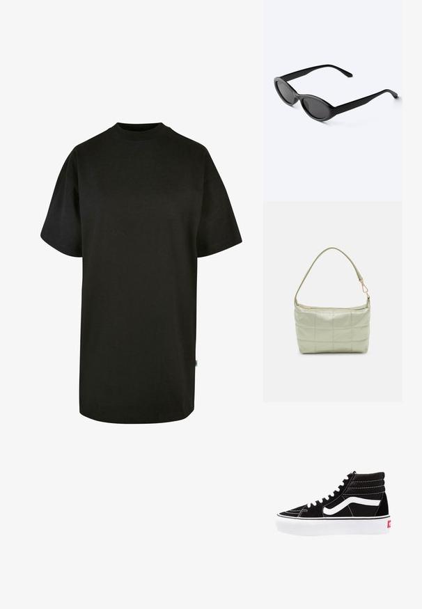 Sort bomulds T-shirt med rund halsudskæring og korte ærmer. Løs pasform, ensfarvet design og ingen synlige mønstre eller accenter.; Sorte høj-top sneakers med hvide snørebånd, et hvidt logo og kontrasterende hvid syning. Har en tyk hvid sål og struktureret ruskindsoverdel.; Slanke sorte ovale solbriller med mørke linser og lige arme, hvilende på en hvid overflade.; Polstret grøn skuldertaske med blød tekstur, rektangulær form, enkelt strop og lynlås i guldtoner. Har et quiltet mønster.