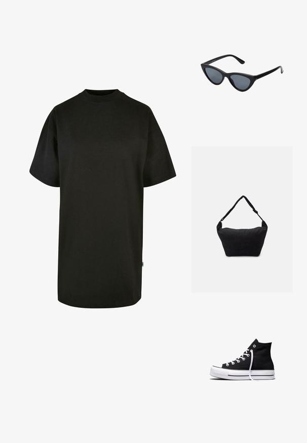 Sort bomulds T-shirt med rund halsudskæring og korte ærmer. Løs pasform, ensfarvet design og ingen synlige mønstre eller accenter.; Sort high-top canvas sneaker med hvid gummisål og hvide snørebånd, vist fra siden mod en hvid baggrund.; Sorte katteøje solbriller med mørkegrå linser, slankt plastisk stel, spidse hjørner og lige stænger. Ingen synlig hardware eller dekorationer.; Sort stof skuldertaske med en blød tekstureret overflade, rund form og en enkelt rem. Minimalistisk design uden synligt hardware eller accenter.