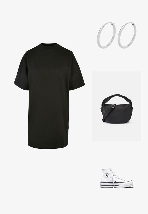 Sort bomulds T-shirt med rund halsudskæring og korte ærmer. Løs pasform, ensfarvet design og ingen synlige mønstre eller accenter.; Hvid højtop Converse Chuck Taylor All Star-sneaker med sort logo-patch og hvide snørebånd, vist på hvid baggrund.; Sort stof skuldertaske med et snoet håndtag, en aftagelig rem og en lynlåslukning i toppen. Glat tekstur og minimalistisk design.; Sølv hoops øreringe, cirkulær form, glat skinnende tekstur og ensartet bredde hele vejen igennem. Minimalistisk design uden yderligere accenter.