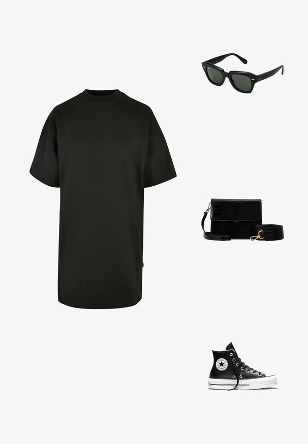 Sort bomulds T-shirt med rund halsudskæring og korte ærmer. Løs pasform, ensfarvet design og ingen synlige mønstre eller accenter.; Sort højtliggende Converse Chuck Taylor All Star sneaker med hvid gummisål og logo-patch på anklen, vist på en hvid baggrund.; Sorte firkantede solbriller med mørkegrønne linser, der har kraftige stel og sølvdetaljer på siderne. Fremstillet i Italien.; Sort faux læder crossbody taske med krokodillestruktur, guldhardware og en aftagelig rem. Har klaplukning og indvendigt rum.