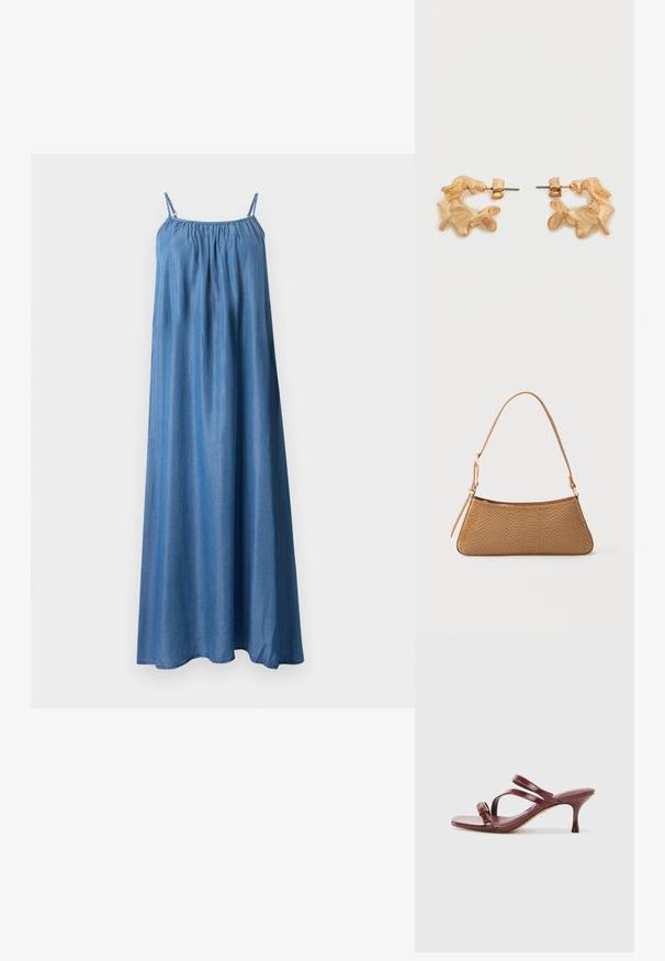 Robe maxi bleu sans manches avec fines bretelles, encolure froncée et tissu fluide et ample.; Sandales à talons hauts en cuir verni bourgogne avec un bout carré, deux fines lanières et une boucle dorée décorative sur le côté.; Petit sac à main beige avec texture de peau de reptile embossée et une seule bandoulière réglable sur un fond uni.; Boucles d'oreilles dorées avec une forme abstraite et organique, présentant une surface texturée et une fermeture à poussette.