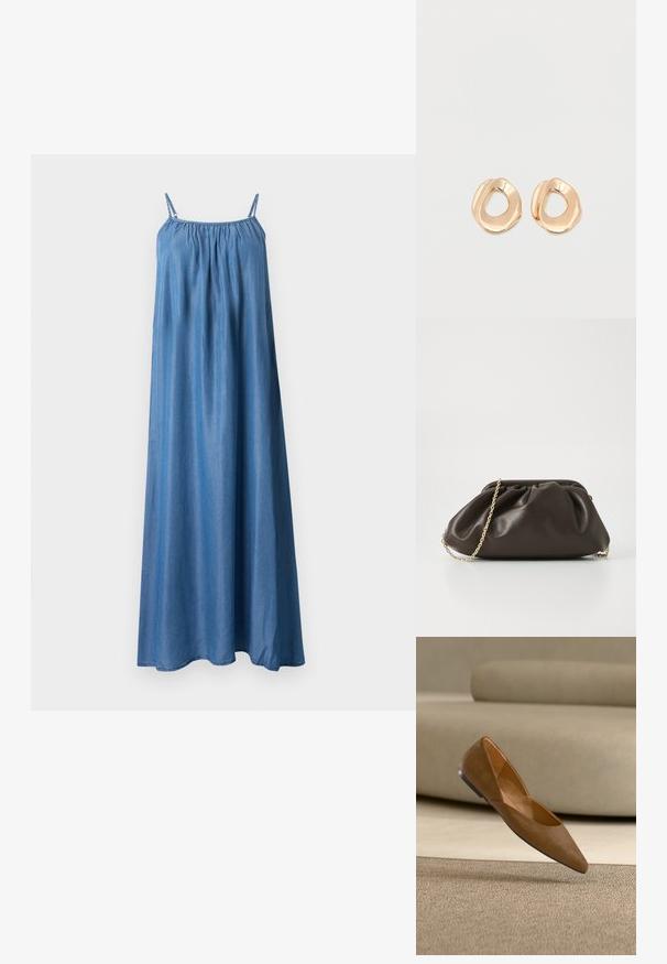 Robe maxi bleu sans manches avec fines bretelles, encolure froncée et tissu fluide et ample.; Chaussure plate en daim marron à bout pointu flottant au-dessus d'un tapis beige avec un canapé beige assorti flou en arrière-plan.; Sac à main en cuir marron avec un design froncé, une bandoulière en chaîne dorée et une finition douce et texturée. Sa forme compacte est idéale pour une utilisation en soirée.; Paired boucles d'oreilles en métal doré poli de forme irrégulière avec un centre ouvert sur un fond blanc uni.
