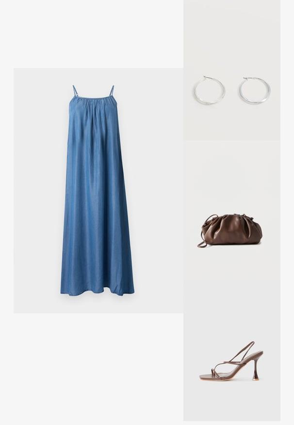 Robe maxi bleu sans manches avec fines bretelles, encolure froncée et tissu fluide et ample.; Sandale à talon haut marron à brides, avec un bout carré, des brides élégantes, une finition brillante et un talon courbé distinct.; Sacoche en cuir marron doux avec un haut froncé et une fine bandoulière, posée sur un fond blanc.; Boucles d’oreilles créoles en métal argenté avec une surface lisse légèrement incurvée et des fermoirs à clapet sur un fond blanc uni.