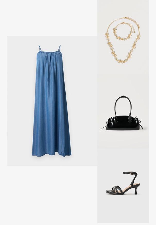 Robe maxi bleu sans manches avec fines bretelles, encolure froncée et tissu fluide et ample.; Sandales à talons noirs avec plusieurs fines lanières sur le bout, une seule lanière à la cheville avec une boucle dorée, et un bout carré.; Petit sac à main noir brillant avec deux longues anses et des détails à cordon sur les côtés sur un fond clair uni.; Ensemble collier et bracelet ton or avec motifs floraux et feuilles en cristal clair, tous deux avec fermoirs chaîne réglables sur fond blanc.