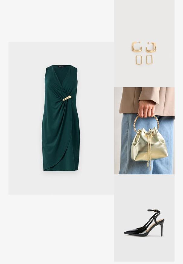 Grøn, ærmeløs kjole med indviklet design og draperet stof. Har et guldaccent ved taljen. Glat tekstur.; Sorte laklæder højhælede slingback-sko med spids tå, justerbar ankelrem og åben sider. Glat tekstur.; Metallic guld bucket taske med snøre lukning, prydet med et guldkæde håndtag og to dekorative kædetræk foran.; To par guldfarvede geometriske hoop-øreringe på en ensfarvet hvid overflade, et par firkantede og solide, et par rektangulære og hule.
