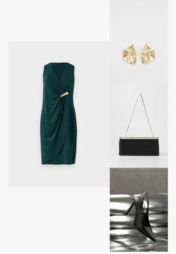 Grünes, ärmelloses Kleid mit Wickeldesign und drapiertem Stoff. Verfügt über einen goldenen Akzent an der Taille. Glatte Textur.; Glänzender schwarzer Slingback-Pumps mit hohem Absatz, balanciert auf einer glänzenden silbernen metallischen, gepolsterten Oberfläche mit glatter Textur.; Schwarze Leder-Clutch mit einem silbernen Metallkette-Griff und einer eleganten rechteckigen Form. Mattes Finish und minimalistisches Design mit einem metallischen Akzent.; Goldfarbene metallische Ohrringe mit einem wellenförmigen Design; glatte, reflektierende Oberfläche; asymmetrische Form; keine sichtbaren Muster oder Hardware.