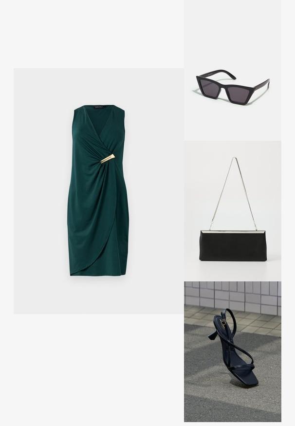 Grünes, ärmelloses Kleid mit Wickeldesign und drapiertem Stoff. Verfügt über einen goldenen Akzent an der Taille. Glatte Textur.; Schwarze Sandale mit Absatz und eckiger Zehenpartie, mit dünnen, runden Riemchen und kleinem Blockabsatz. Glattes, glänzendes Material mit goldfarbenem Akzent.; Schwarze, eckige Sonnenbrille mit grauen Gläsern; aus Kunststoff gefertigt, mit dicken Bügeln, die eine glatte Oberfläche und keine sichtbaren Beschläge haben.; Schwarze Leder-Clutch mit einem silbernen Metallkette-Griff und einer eleganten rechteckigen Form. Mattes Finish und minimalistisches Design mit einem metallischen Akzent.