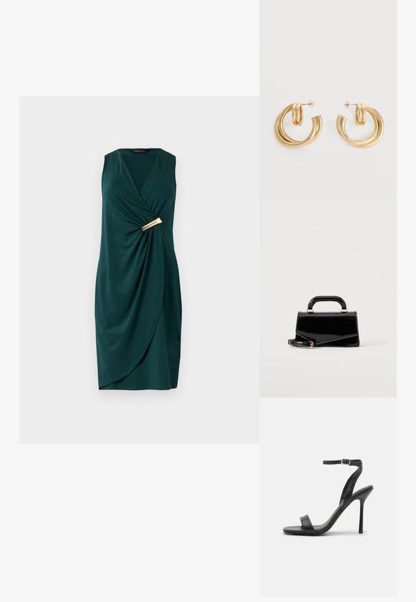 Groene, mouwloze jurk met een wikkelontwerp en gedrapeerde stof. Bevat een gouden accent bij de taille. Glad textuur.; Zwarte hoge hakken sandaal met een slanke enkelband en twee voorste banden. Gemaakt van soepel leer met een slanke puntneus en een stiletteloze hak.; Zwarte glanzende rechthoekige handtas met bovenhandvat, gouden hardware en afneembare riem, geplaatst op een effen lichte achtergrond.; Set glanzende gouden dubbele lus oorbellen met stekertjes op een witte achtergrond.