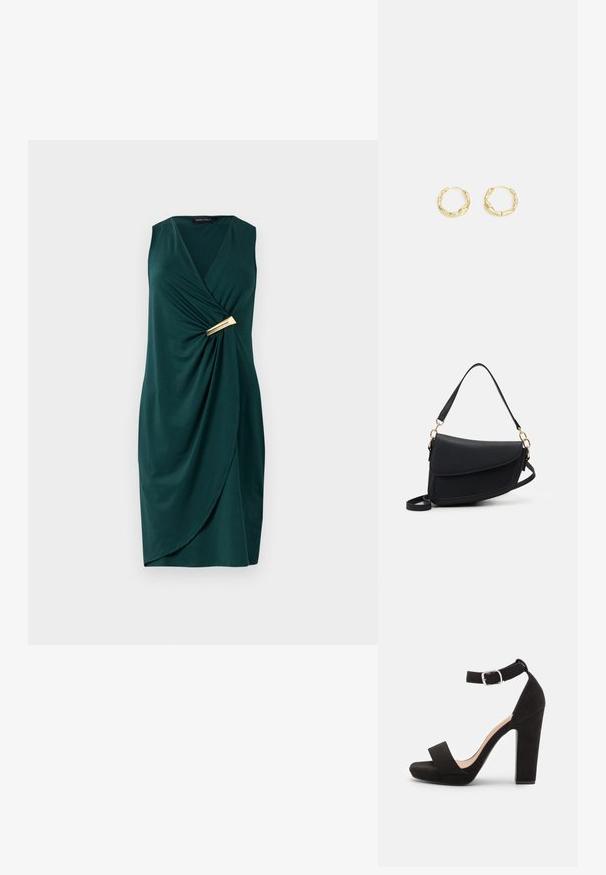 Grøn, ærmeløs kjole med indviklet design og draperet stof. Har et guldaccent ved taljen. Glat tekstur.; Anna Field by Zalando Sandaler - black; Sort læderhåndtaske med en struktureret overflade, der har en enkelt skulderrem og guld hardware-detaljer. Designet er slankt og minimalistisk.; Guld hoops øreringe med en tekstureret, ujævn overflade. Har et let design og cirkulær form, egnet til hverdagsbrug.