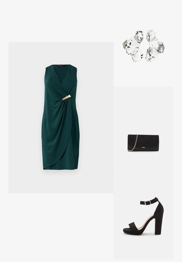 Vestido verde sin mangas con diseño cruzado y tela drapeada. Presenta un detalle dorado en la cintura. Textura suave.; Anna Field by Zalando Sandalias - black; Bolso de mano negro hecho de ante con un acabado texturizado, que presenta una cadena dorada y un diseño elegante y angular.; Conjunto de seis piezas de forma irregular, translúcidas y reflectantes, similares al vidrio, dispuestas sobre un fondo blanco.
