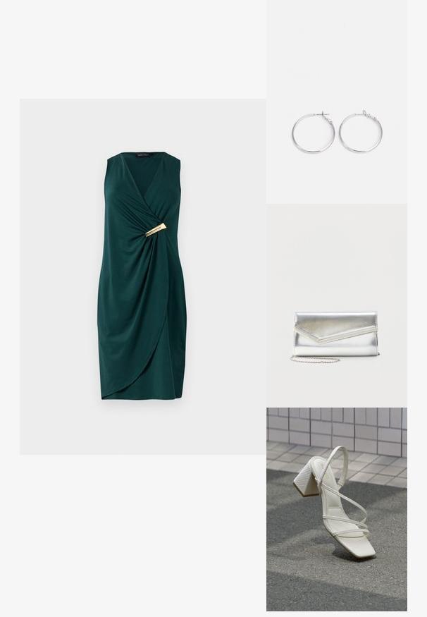 Robe verte sans manches avec un design enveloppant et un tissu drapé. Présente un accent doré à la taille. Texture lisse.; Sandale blanche à talon bloc avec des brides croisées, dessus texturé et bout pointu. Doublure intérieure douce et semelle extérieure lisse.; Pochette argentée brillante avec rabat style enveloppe et garniture décorative, petite bandoulière chaîne argentée, sur fond clair uni.; sweet deluxe EARRING - Boucles d'oreilles - silver-coloured