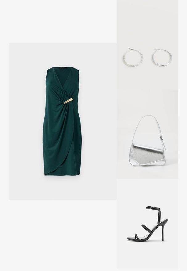 Vestido verde sin mangas con diseño cruzado y tela drapeada. Presenta un detalle dorado en la cintura. Textura suave.; Sandalias de tacón alto de charol negro con tres tiras horizontales y una correa en el tobillo ajustable. Silueta elegante y acabado brillante.; Bolso de mano metálico plateado con forma triangular, textura suave y una fina correa de hombro ajustable. Presenta un diseño plegable con costuras.; Pendientes de aro de metal plateado con superficie lisa y ligeramente curvada y cierre de tipo mosquetón sobre un fondo blanco liso.