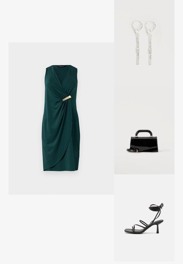 Grøn, ærmeløs kjole med indviklet design og draperet stof. Har et guldaccent ved taljen. Glat tekstur.; Sort strappy sandal med firkantet tå, justerbare ankelbind og en slank, blokhæl. Fremstillet af et glat, holdbart materiale.; Sort blank rektangulær håndtaske med topstrop, guldfarvet hardware og aftagelig rem, placeret på en ensfarvet lys baggrund.; Sølv hængende øreringe med rektangulære og runde klare krystaller i en lodret linje, fastgjort med låsebeslag.