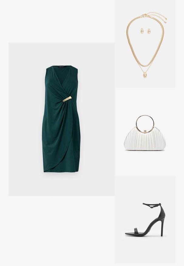 Vestido verde sin mangas con diseño cruzado y tela drapeada. Presenta un detalle dorado en la cintura. Textura suave.; Sandalias de tacón alto negras con punta abierta, tiras delgadas y hebilla en el tobillo. Textura de cuero suave con un diseño de punta afilada.; Bolso de mano blanco plisado con un asa circular dorada, que presenta un tejido suave y una forma redondeada. Diseño elegante con un acabado texturizado.; Conjunto de joyería de oro que incluye un collar de capas con un colgante en forma de gota y pendientes de botón a juego, todo con un acabado pulido.