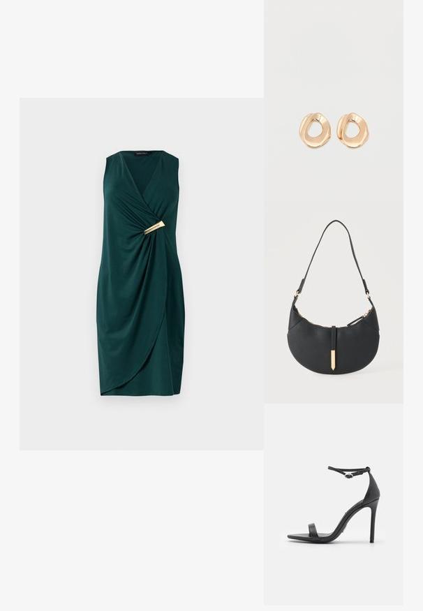 Grünes, ärmelloses Kleid mit Wickeldesign und drapiertem Stoff. Verfügt über einen goldenen Akzent an der Taille. Glatte Textur.; Schwarze High Heels Sandalen mit offener Zehe, dünnen Riemen und Knöchelverschluss. Glatte Ledertextur mit spitzem Zehendesign.; Schwarze halbmondförmige Handtasche mit einem einzelnen Träger, goldenem Reißverschluss und einer goldenen rechteckigen dekorativen Lasche vorne.; Paar unregelmäßig geformter, polierter Creolen aus goldfarbenem Metall mit offenem Zentrum auf weißem Hintergrund.