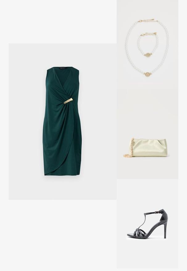 Vestido verde sin mangas con diseño cruzado y tela drapeada. Presenta un detalle dorado en la cintura. Textura suave.; Sandalia de tacón alto de charol negro con correas finas, diseño en forma de T, cierre de hebilla y una silueta curva y elegante.; Bolso de mano de satén verde claro con cadena de oro y cristales, de forma rectangular con suaves pliegues sobre un fondo liso.; Collar de perlas y pulsera a juego con cierres de oro y un charm redondo de oro decorado con pequeños cristales sobre un fondo blanco.