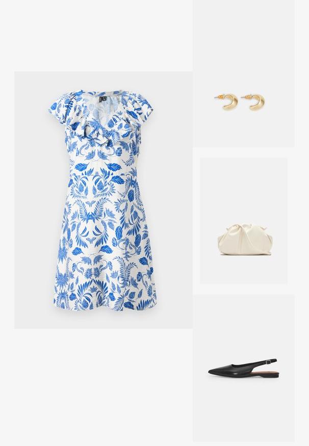 Robe à imprimé floral avec des motifs de feuilles bleues sur un fond blanc, présentant des manches capes à volants et un décolleté en V. Coupe courte et ample.; Chaussure slingback en cuir noir avec un bout pointu, un léger éclat et une bride de cheville réglable. Talon plat avec une semelle intérieure marron.; Pochette en cuir souple couleur crème avec un design froncé et une fine bandoulière reposant à l’avant sur un fond uni.; Boucles d'oreilles en forme de croissant en or avec une finition lisse, présentant des accents orange près du clou et un matériel en argent.