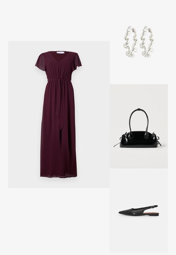 Langes, burgunderfarbenes Kleid mit V-Ausschnitt, kurzen, flatternden Ärmeln und einem verstellbaren Gürtel in der Taille; aus fließendem, leichtem Stoff gefertigt.; Schwarzer Leder Slingback-Schuh mit spitzer Zehenform, subtiler Glanz und verstellbarem Knöchelriemen. Flacher Absatz mit einer braunen Innensohle.; Kleine schwarze glänzende Handtasche mit zwei langen Griffen und seitlichen Kordelzug-Details vor einfachem hellem Hintergrund.; Verdrehte silberne Creolen mit einer glatten, reflektierenden Oberfläche und sicherem Verschluss. Das Design zeigt ein Spiral-Muster für zusätzliche Details.