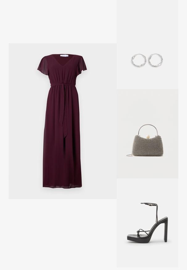 Langes, burgunderfarbenes Kleid mit V-Ausschnitt, kurzen, flatternden Ärmeln und einem verstellbaren Gürtel in der Taille; aus fließendem, leichtem Stoff gefertigt.; DeeZee High Heel Sandalette - black; Kleine Handtasche mit silbernem Gittermuster, gebogenem Griff, großem Perlenverschluss und einem dünnen silbernen Kettenriemen auf schlichtem Hintergrund.; Silberne Creolen mit einer welligen, unregelmäßigen Textur. Besitzen eine dünne, kreisförmige Form und eine reflektierende Oberfläche.