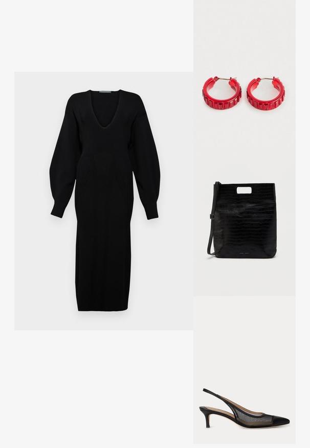 Sort strikket kjole med dyb V-hals, lange voluminøse ærmer og tekstureret mønsterdetalje på kroppen.; Sort slingback kitten heel sko med spids tå og gennemsigtige mesh sider, beige indersål og tynd rem bagpå.; Sort faux læder tote taske med krokodilletekstur, rektangulær form, håndtagsskæring i toppen og en aftagelig skulderstrop. Brandlogoet er vist.; Et par små røde hoops øreringe med rektangulære facetterede detaljer og sølv metalclips på en hvid baggrund.