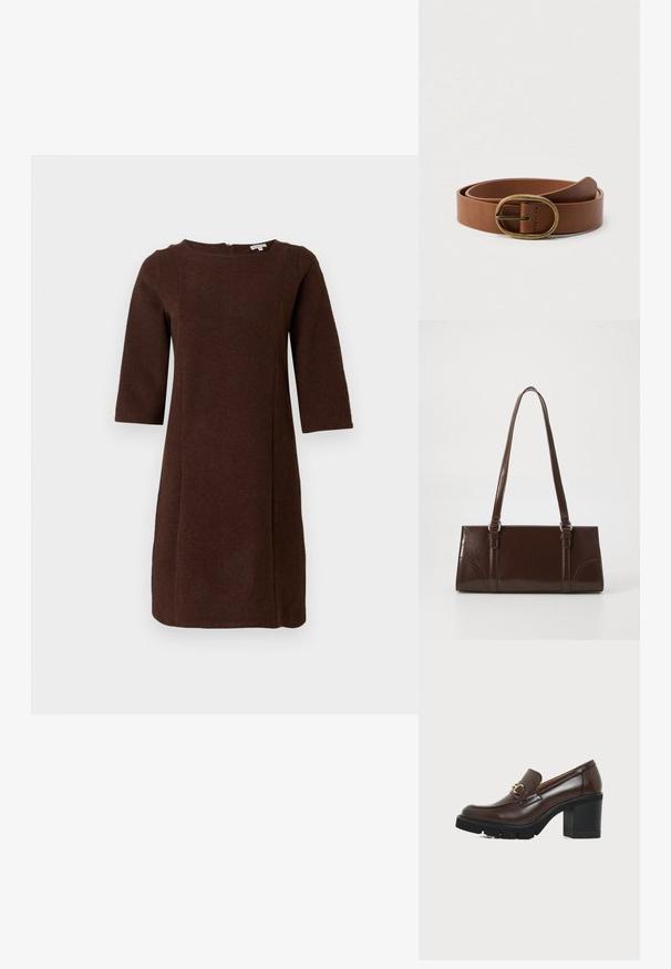 Bruine, gebreide jurk met een ronde halslijn en driekwart mouwen; heeft naaddetails en een ritssluiting aan de achterkant.; Bruine leren loafer met hoge hak, grove zwarte zool en goudkleurige decoratieve gesp op een effen witte achtergrond.; Bruine lakleren handtas met een rechthoekige vorm, twee lange handvatten en subtiele gebogen accenten aan de voorkant.; Bruine leren riem opgerold met een ovale koperen gesp, weergegeven op een effen witte achtergrond.