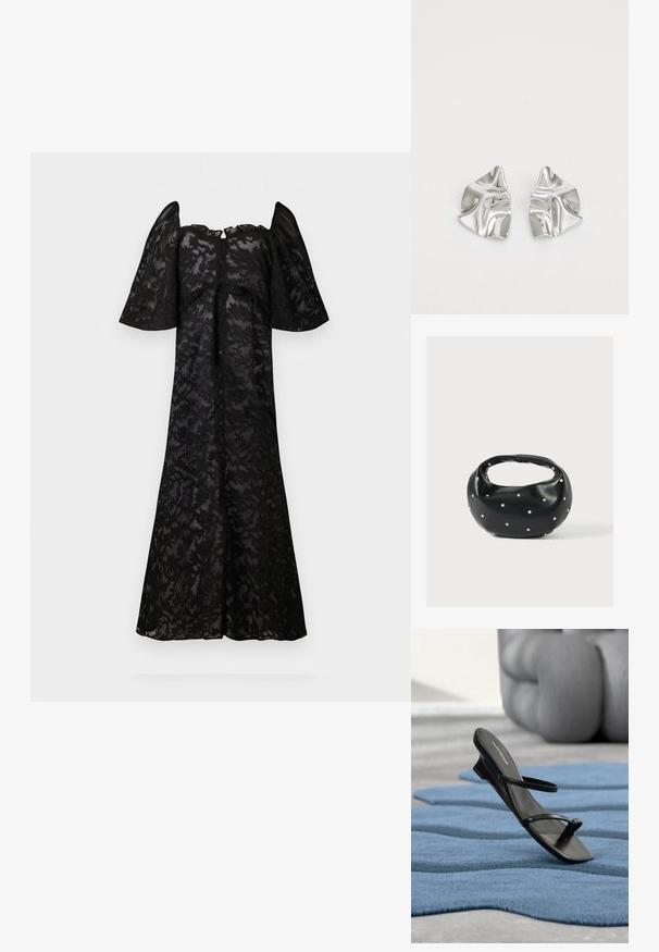 Robe noire avec des manches courtes et bouffantes, ornée d'un motif de dentelle florale. Boutonnage sur le devant, silhouette fluide et ourlet au genou.; Sandale noire à brides avec boucle d’orteil exposée sur un tapis texturé bleu, avec un grand objet décoratif gris flouté en arrière-plan.; Sac à main en cuir noir de forme arrondie, décoré de clous argentés et équipé d'une poignée courte. Texture lisse et fermeture éclair.; Boucles d'oreilles en métal argenté avec un design ondulé et sculptural, présentant une finition polie et des formes irrégulières, mettant en valeur une esthétique contemporaine.