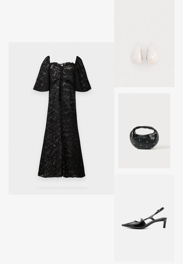 Zwarte jurk met korte, bolle mouwen, voorzien van een bloemenkantpatroon. Knopsluiting aan de voorkant, vloeiende silhouet en een zoom tot de knie.; Zwarte lakleren slingback schoen met een spits toelopende neus, lage hak en twee verstelbare gespen, zijaanzicht.; Zwarte leren handtas met een afgeronde vorm, versierd met zilveren studs, en een korte handgreep. Gladde textuur en ritsluiting.; Zilveren metalen druppeloorbellen met een gladde, reflecterende oppervlakte en een druppelvorm, voorzien van een naadloos ontwerp en zonder zichtbare versieringen.
