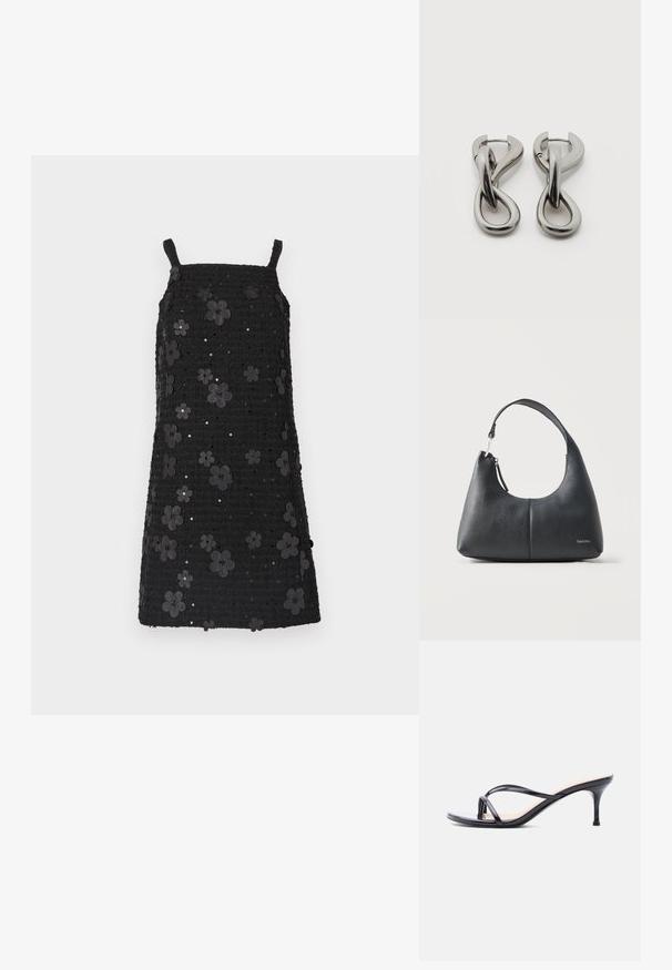 Sort ærmeløs kjole med firkantet udskæring, tekstureret stof, prydet med sorte blomsterapplikationer og palietter over hele designet.; Sort laklædersandal med hæl, tynde krydsede remme og en slank mellemhøj stilethæl på en hvid baggrund.; Sort tekstureret lædertaske med enkelt rem og lynlås, med lille Calvin Klein-logo nederst til højre på forsiden.; Par af sølvtonede metale øreringe med abstrakt sammenflettet løbedesign på hvid baggrund.