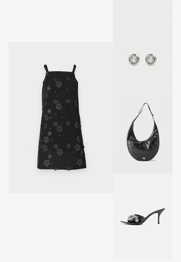 Vestido negro sin mangas con escote cuadrado, tela texturizada, adornado con aplicaciones de flores negras y lentejuelas en todo el diseño.; Mule de charol negro de tacón alto con punta abierta y adornos decorativos plateados, incluyendo una flor y un candado en la tira delantera.; Bolso de cuero negro en forma de media luna con correa ajustable y logotipo plateado "cK" en el frente, sobre fondo blanco.; Pendientes de stud de metal plateado con cristales claros redondos, que presentan un acabado pulido suave y un diseño circular con bordes elevados sutiles.