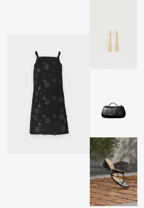 Schwarzes ärmelloses Kleid mit quadratischem Ausschnitt, strukturierter Stoff, verziert mit schwarzen Blumenapplikationen und Pailletten im gesamten Design.; Schwarze Sandalette mit Absatz, Zehenschlaufe und goldenem Akzent, auf einer Holz- und Steinpflasteroberfläche im Freien nahe Grünflächen platziert.; Schwarze Lederhandtasche mit kleinem Griff, goldfarbenem "cK" Logo auf der Frontklappe und goldfarbenen Hardware-Akzenten.; Ohrhänger in Gold-Ton mit glatten, länglichen Tropfenanhängern, die an kleinen Creolenverschlüssen hängen, auf weißem Hintergrund.