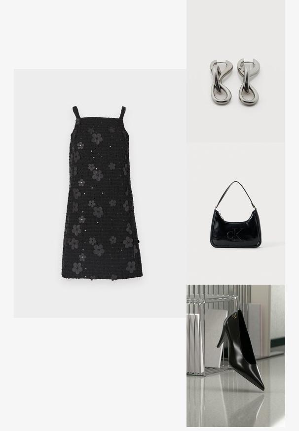 Vestido negro sin mangas con escote cuadrado, tela texturizada, adornado con aplicaciones de flores negras y lentejuelas en todo el diseño.; Zapato de tacón alto negro con punta afilada y logo dorado, colocado sobre una superficie reflectante cerca de un organizador de archivos de alambre cromado con documentos.; Bolso de mano de piel sintética negra con un asa curvada en la parte superior, cierre de cremallera y logo "cK" en relieve en el frente. Textura suave, forma estructurada.; Par de pendientes de metal con acabado plateado y diseño abstracto de bucles entrelazados sobre un fondo blanco.