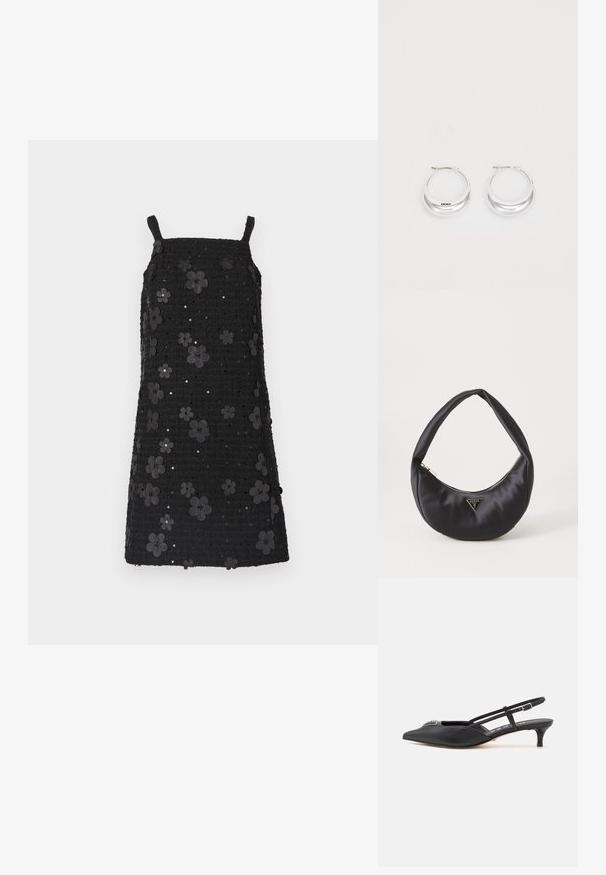 Vestido negro sin mangas con escote cuadrado, tela texturizada, adornado con aplicaciones de flores negras y lentejuelas en todo el diseño.; Zapatos slingback negros con punta afilada, hechos de material suave, con un pequeño tacón y un acento decorativo plateado en el empeine.; Bolso de satén negro con forma curva, que cuenta con un cierre de cremallera y un logo triangular en metal en la parte delantera. Textura suave y diseño elegante.; Pendientes de aro de plata con un acabado pulido y la marca DKNY, exhibidos sobre un fondo blanco liso.