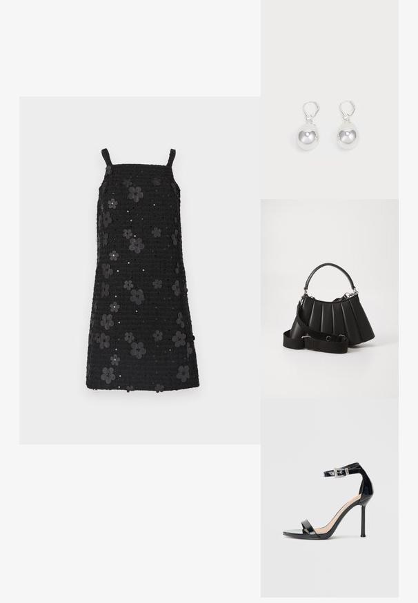 Schwarzes ärmelloses Kleid mit quadratischem Ausschnitt, strukturierter Stoff, verziert mit schwarzen Blumenapplikationen und Pailletten im gesamten Design.; Schwarzer Riemchensandale aus Lackleder mit hohem Absatz und Knöchelriemen. Verfügt über ein minimalistisches Design, offene Zehenpartie und eine Schnalle mit Strassakzenten.; Schwarze, gefaltete Handtasche mit einem runden Griff, verstellbarem Schulterriemen und glänzender Textur. Verfügt über silberne Hardware und eine strukturierte Silhouette.; Silberne Tropfenohrringe mit glatten, runden, reflektierenden Oberflächen, die an Hakenverschlüssen hängen. Der Hintergrund ist reinweiß.