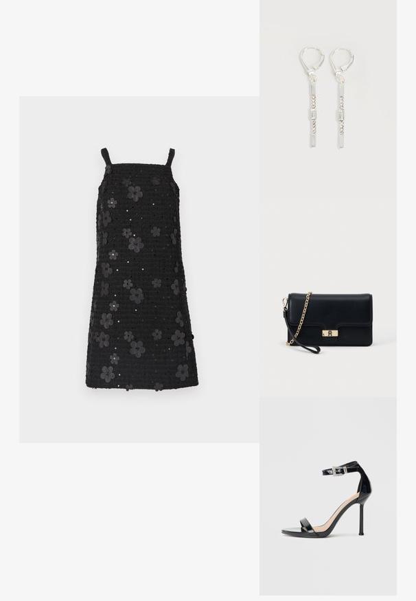 Vestido negro sin mangas con escote cuadrado, tela texturizada, adornado con aplicaciones de flores negras y lentejuelas en todo el diseño.; Sandalia de tacón alto en piel sintética negra con correa en el tobillo. Presenta un diseño minimalista, punta abierta y una hebilla con detalles de pedrería.; Bolso de mano de cuero negro con un cierre y cadena en tono dorado. Diseño compacto con una textura suave y un detalle mínimo.; Pendientes colgantes de plata con cristales transparentes rectangulares y redondos en una línea vertical, asegurados con cierres tipo leverback.