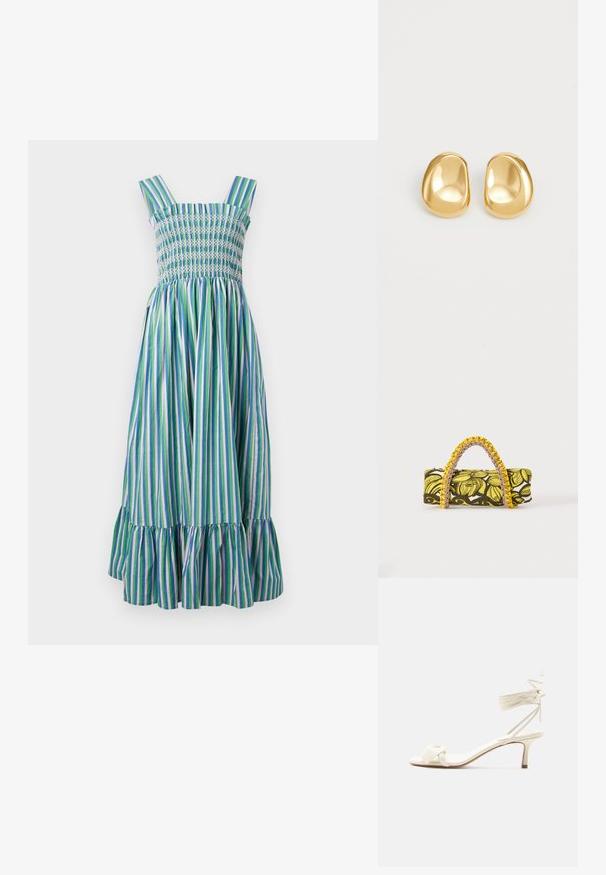 Vestido midi a rayas con corsé fruncido. Presenta rayas verticales en verde, azul y púrpura, tirantes gruesos y un dobladillo con volantes.; Sandalia de tacón bajo color crema con lazos alrededor del tobillo y una amplia tira retorcida sobre los dedos, sobre un fondo blanco liso.; Bolsa rectangular con patrón floral en amarillo y negro y asa trenzada amarilla y rosa sobre fondo blanco.; Pendientes de studs en color dorado con una forma suave y redondeada y una superficie reflectante, que exhiben un diseño minimalista y sin patrones visibles.