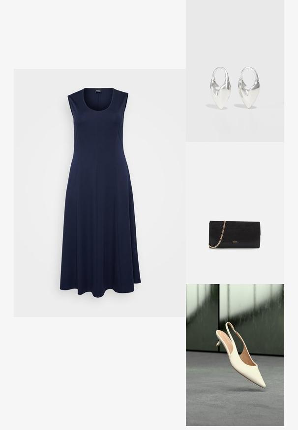 Marineblå ærmeløs kjole med rund halsudskæring, flydende silhuet og blødt stof, designet til en behagelig pasform. Længden når til midt på læggen.; Beige slingbacks til kvinder med spids tå og lav kitten-hæl, der svæver over en grå gulv med en sløret mørk baggrund.; Sort clutch taske lavet af ruskind med en struktureret overflade, udstyret med en guld kædestrop og et elegant, kantet design.; Otiumberg ROSCIDA HEART HOOPS - Øreringe - silver-coloured