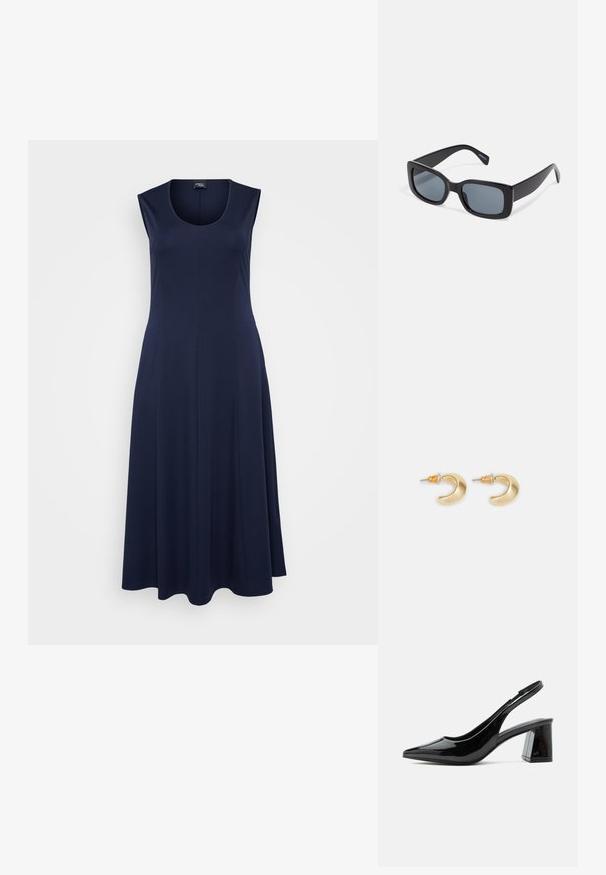 Marineblå ærmeløs kjole med rund halsudskæring, flydende silhuet og blødt stof, designet til en behagelig pasform. Længden når til midt på læggen.; Sort slingback sko i lakeret læder med spids tå og chunky midhøj blokhæl på hvid baggrund.; Sorte rektangulære solbriller med mørkt tonede linser, tyk plastramme og brede stænger. Glat overflade og kantet design.; Guld halvmåneformede øreringe med en glat overflade, der har orange accenter nær stiften og sølv hardware.