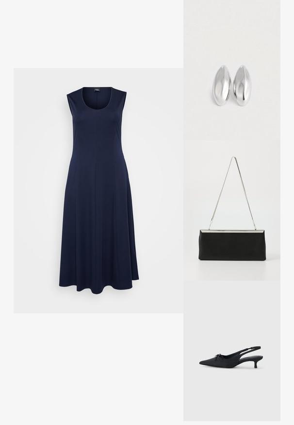 Tumesääreline ilma varrukat dress, millel on ümar kaelus, voolav siluett ja pehme kangas, loodud mugavaks istuvuseks. Pikkus ulatub põlvini.; Mustad musta värvi slingback kingad terava nina, tekstuuriga kangast, väikese paelaga esiosas ja tagasihoidliku kitten kontsaga.; Must pank nahkklamber koos hõbedase metallist keti käepidemega ja laatiline ristkülikukujuline kuju. Matt tekstuur ja minimalistik disain koos metallilise aktsendiga.; Kaks siledat, läikivad hõbedast ovaalset esemet, asetatud kõrvuti tavalisel valgel taustal.