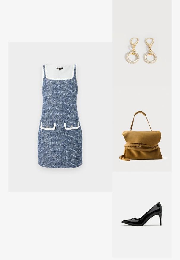 Robe en tweed bleu sans manches avec bordure blanche, encolure carrée et deux poches à rabat avant avec boutons.; Pump à talon haut en cuir verni noir avec un bout pointu et une silhouette épurée, présentant une texture lisse et un design minimaliste.; Sac à main en daim couleur fauve avec rabat pliant, détail de ceinture réglable, poignée supérieure et bandoulière amovible sur un fond uni.; Boucles d'oreilles créoles en or avec fermoirs à levier, ornées de petits cristaux clairs autour des pendentifs circulaires, présentées sur un fond blanc.
