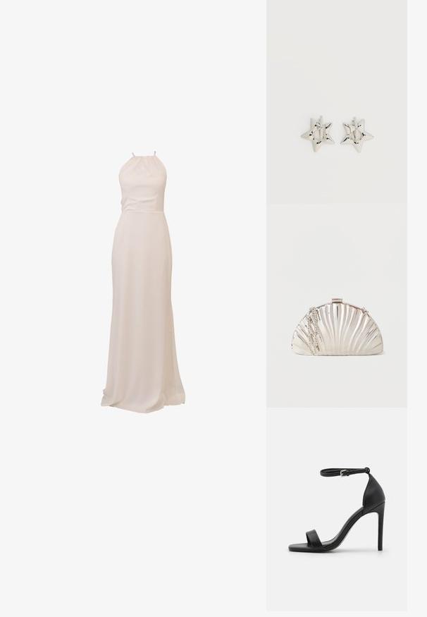 Langes, fließendes Kleid aus cremefarbenem Stoff mit Neckholder-Design und tailliertem Schnitt, sorgt für eine glatte Textur und elegante Silhouette.; Schwarze hochhackige Sandale mit elegantem Design, featuring einem Knöchelriemen, offener Zehenpartie und glattem Lederfinish.; Metallische silberne Clutch in Muschelform mit einer silbernen Kettenriemen, der seitlich drapiert ist.; Silberne, sternförmige Creolen mit einer glatten, polierten Oberfläche auf weißem, schlichtem Hintergrund.